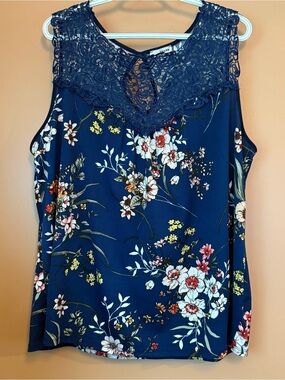 Mauve Plus Size 2X Navy Floral Lace Sleeveless Blouse Romantic Boho Top